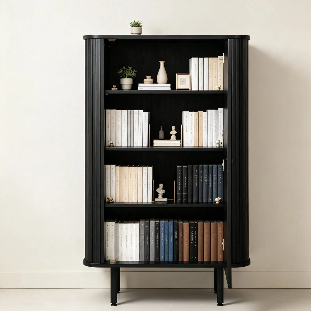 Hoge kast met lamellen en 2 deuren 140 cm – foto 9 – Zwart