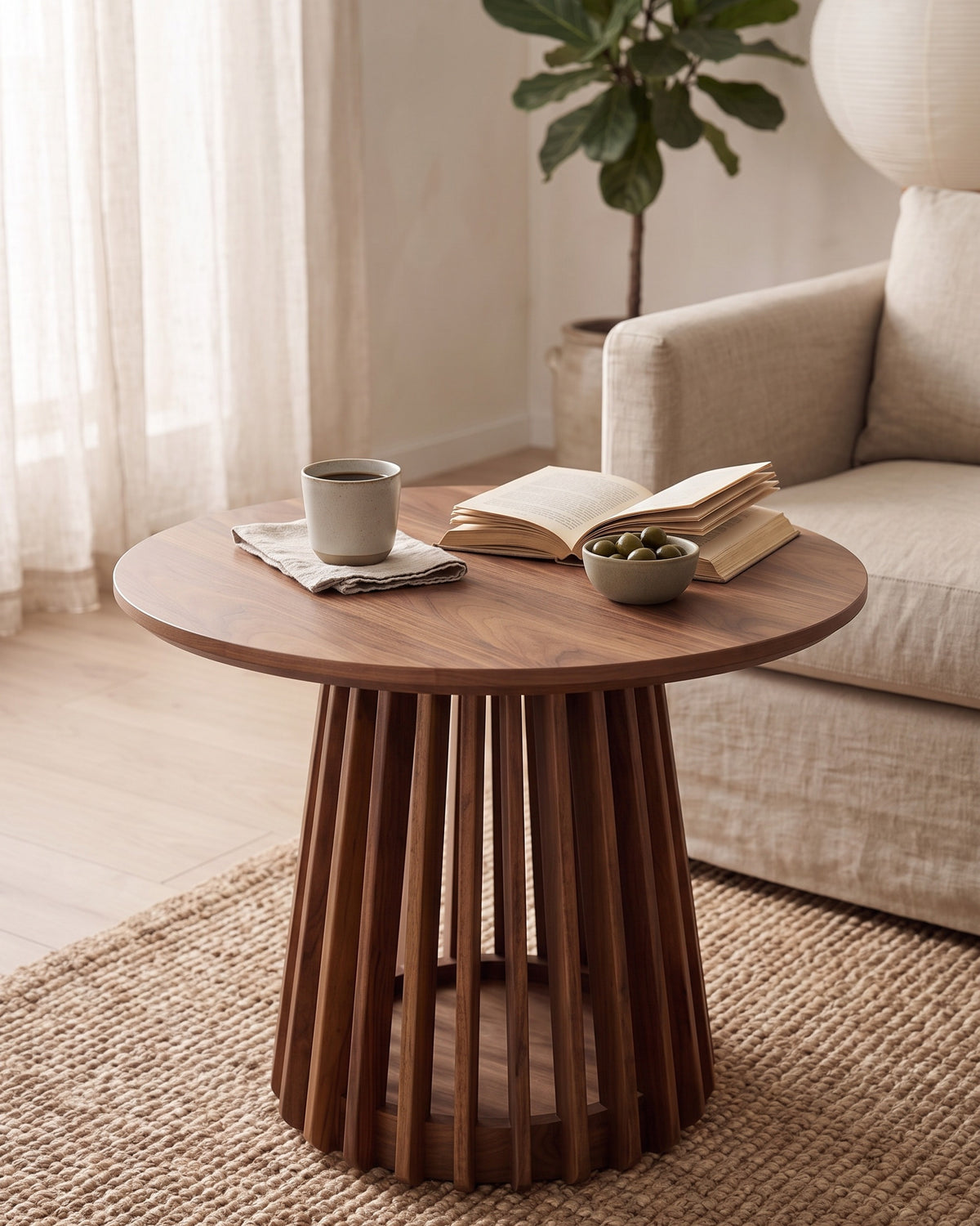 Luncera bijzettafel rond met spijlen 60 cm in walnoot, in gebruik in het interieur