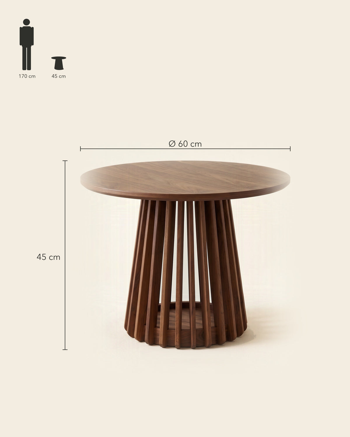 Luncera bijzettafel rond met spijlen 60 cm in walnoot, maatvoering Ø 60 × 45 cm