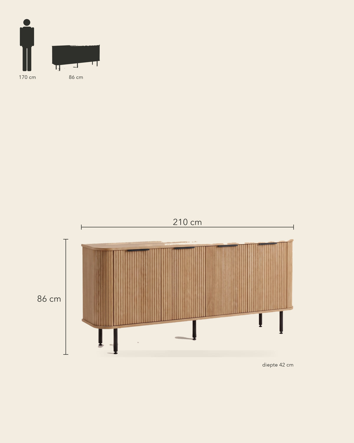 Luncera dressoir 4-deurs 210 cm in licht eiken, maatvoering 210 × 42 × 86 cm