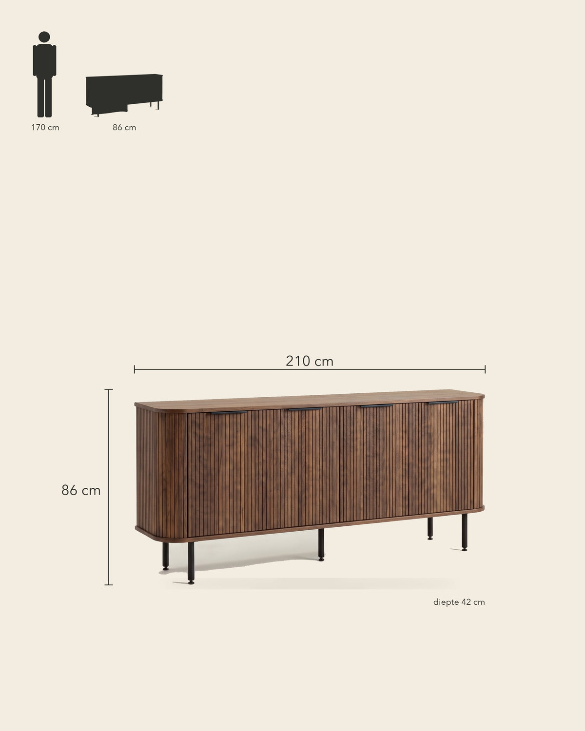 Luncera dressoir 4-deurs 210 cm in walnoot, maatvoering 210 × 42 × 86 cm