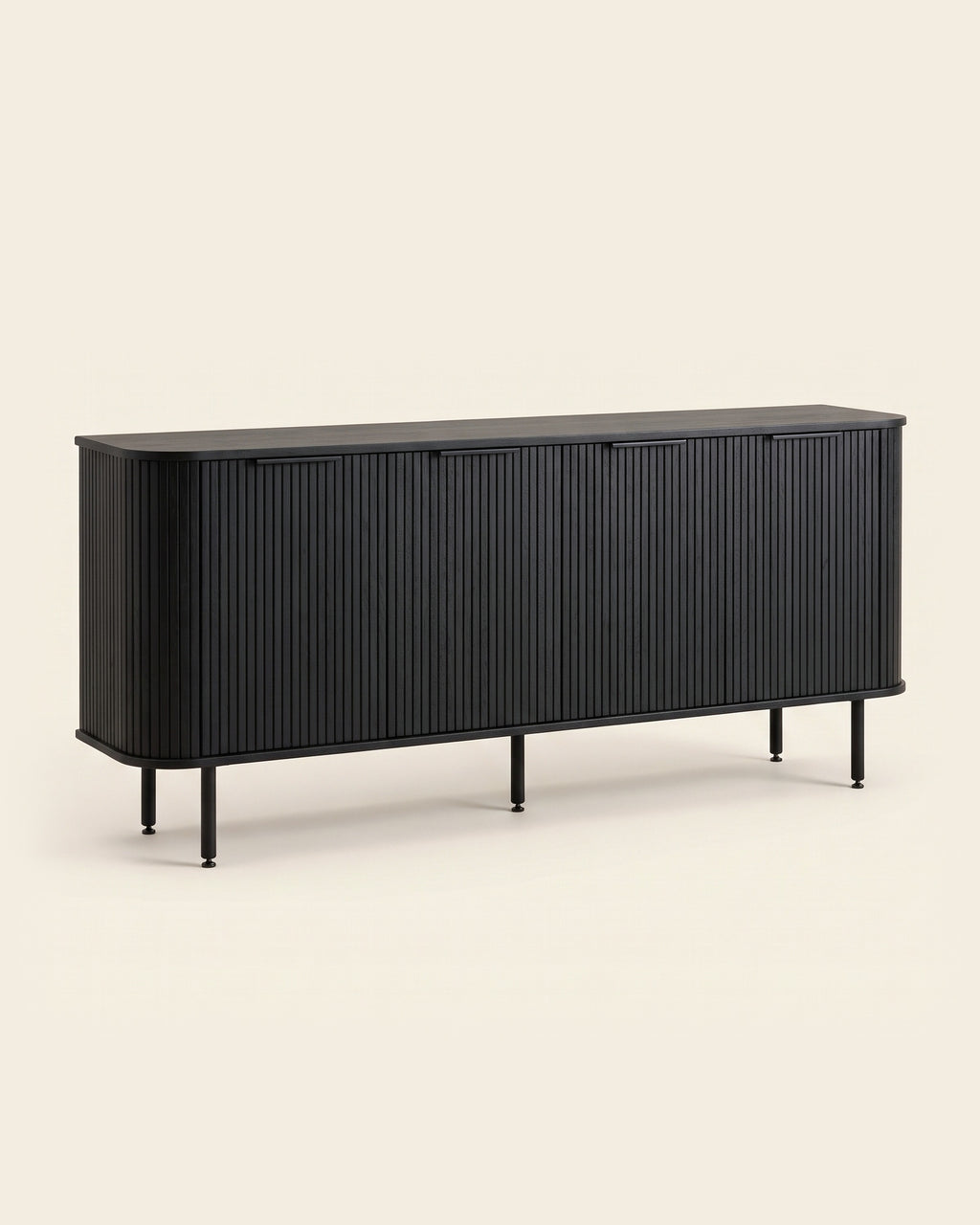 Luncera dressoir 4-deurs 210 cm in zwart, productfoto op crème achtergrond