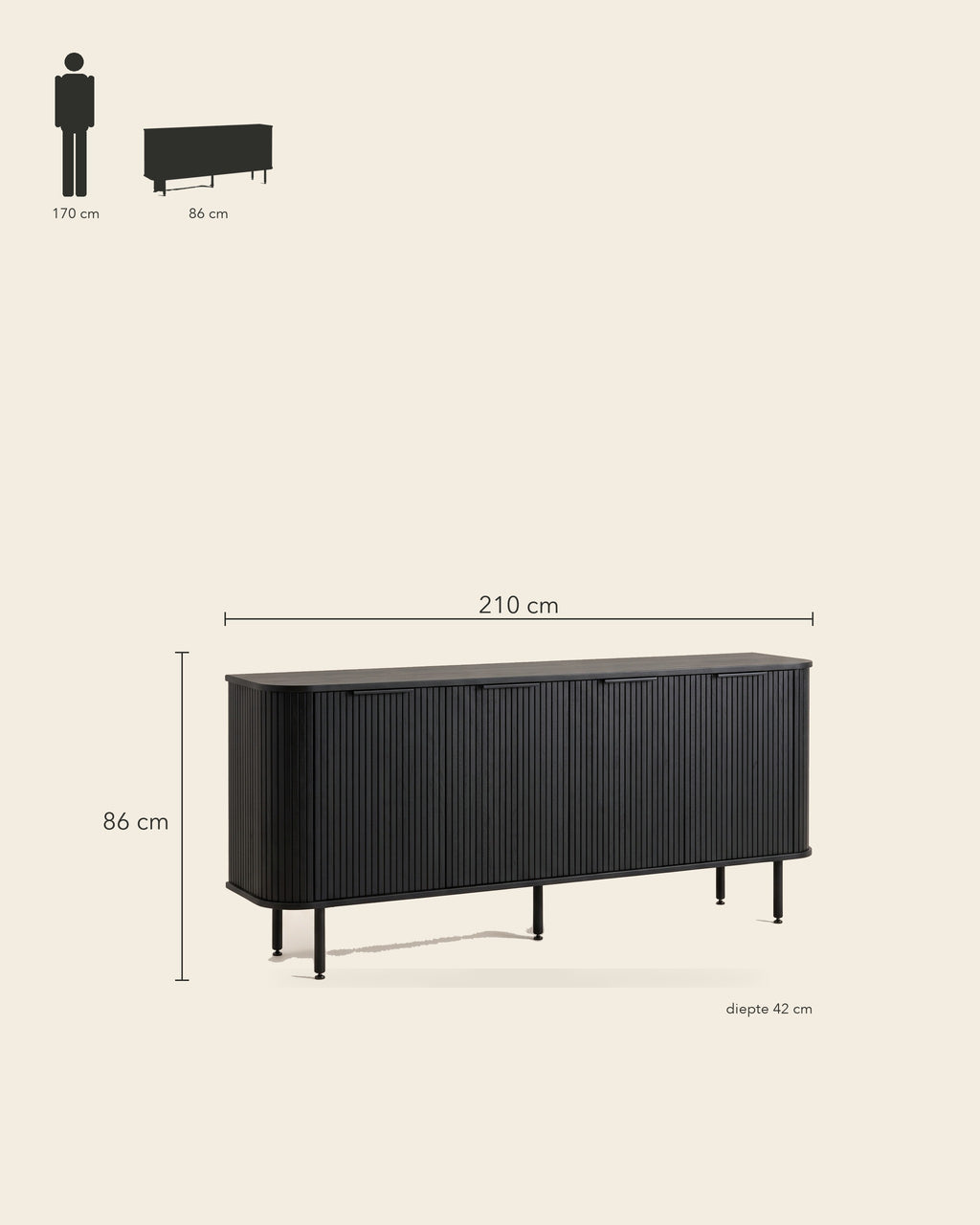 Luncera dressoir 4-deurs 210 cm in zwart, maatvoering 210 × 42 × 86 cm