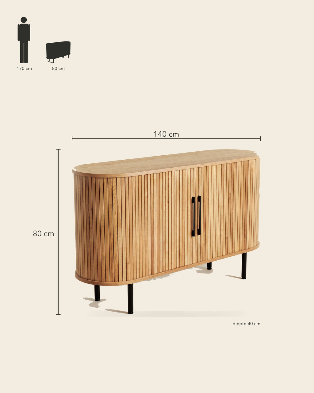 Luncera dressoir afgerond 140 cm in licht eiken, maatvoering 140 × 40 × 80 cm