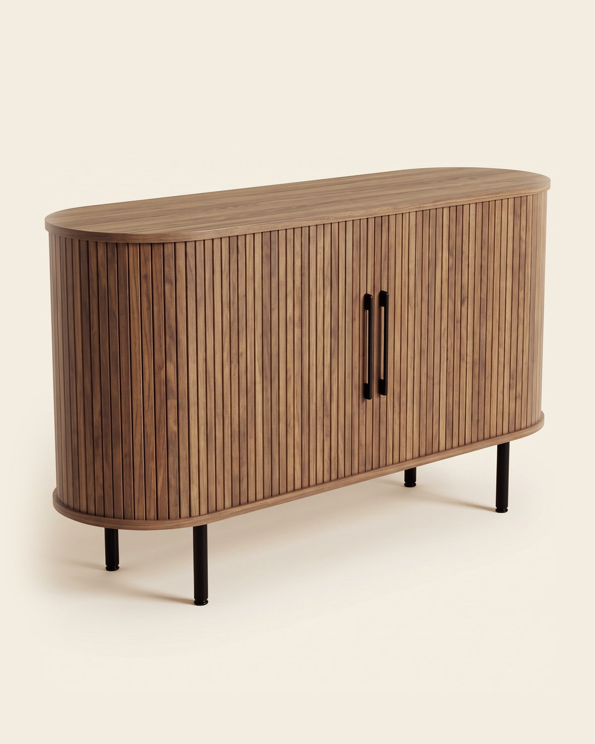 Luncera dressoir afgerond 140 cm in walnoot, productfoto op crème achtergrond