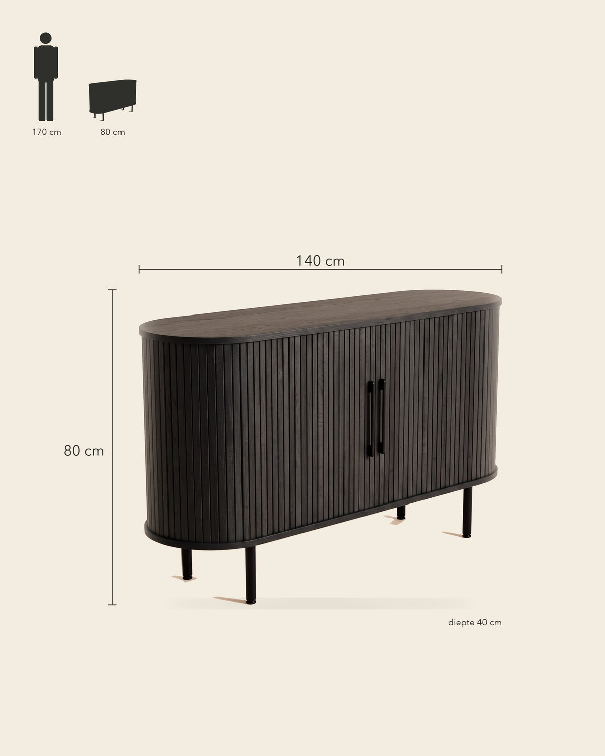 Luncera dressoir afgerond 140 cm in zwart, maatvoering 140 × 40 × 80 cm
