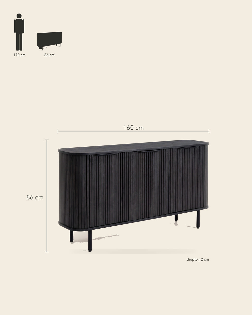 Luncera dressoir recht 3-deurs 160 cm in zwart, maatvoering 160 × 42 × 86 cm