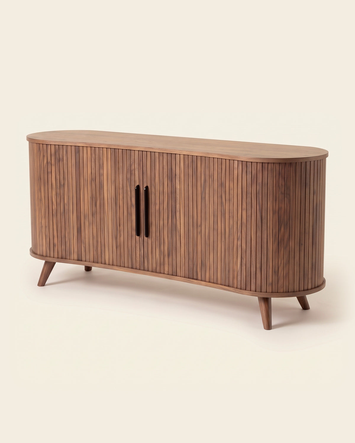 Luncera dressoir retro ovaal 160 cm in walnoot, productfoto op crème achtergrond