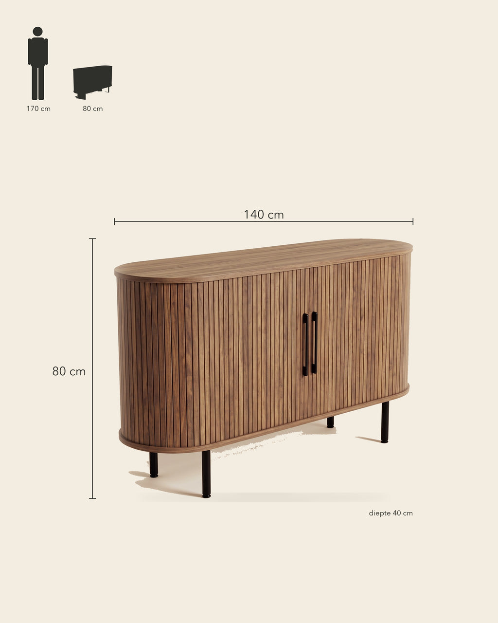 Luncera dressoir rond met lamellen 140 cm in walnoot, maatvoering 140 × 40 × 80 cm
