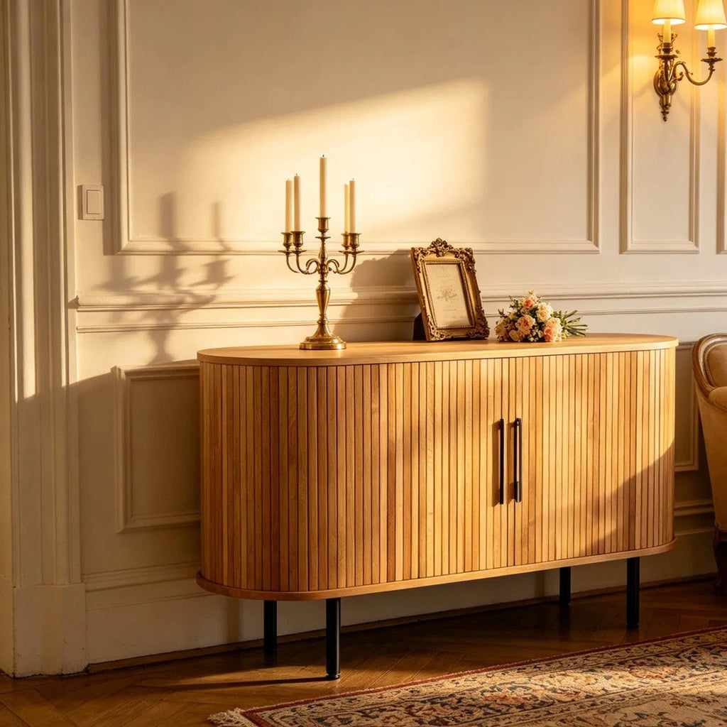 Dressoir rond met lamellen 140 cm – foto 1 – Licht eiken