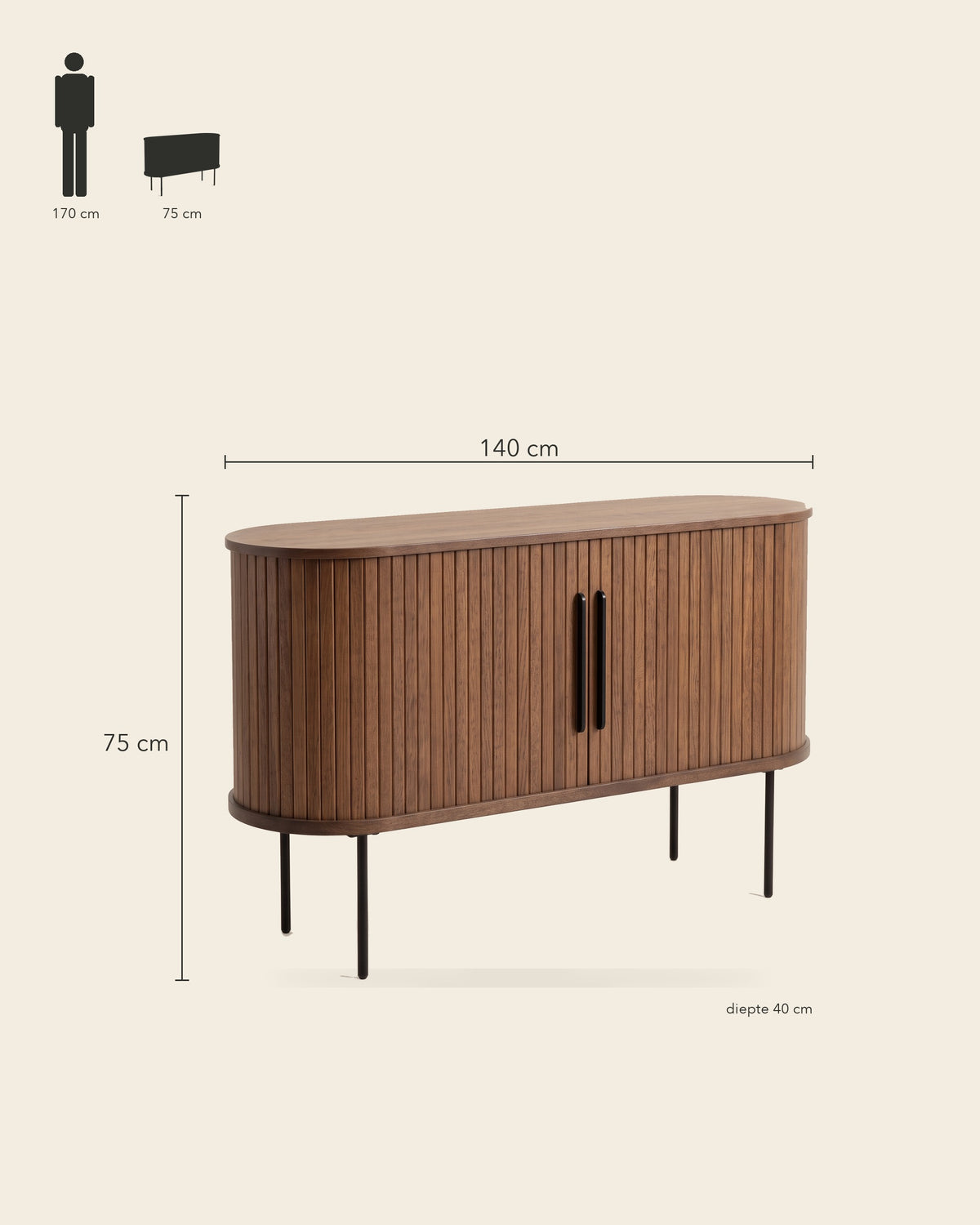 Luncera dressoir walnoot ribbel 140 cm, maatvoering 140 × 40 × 75 cm