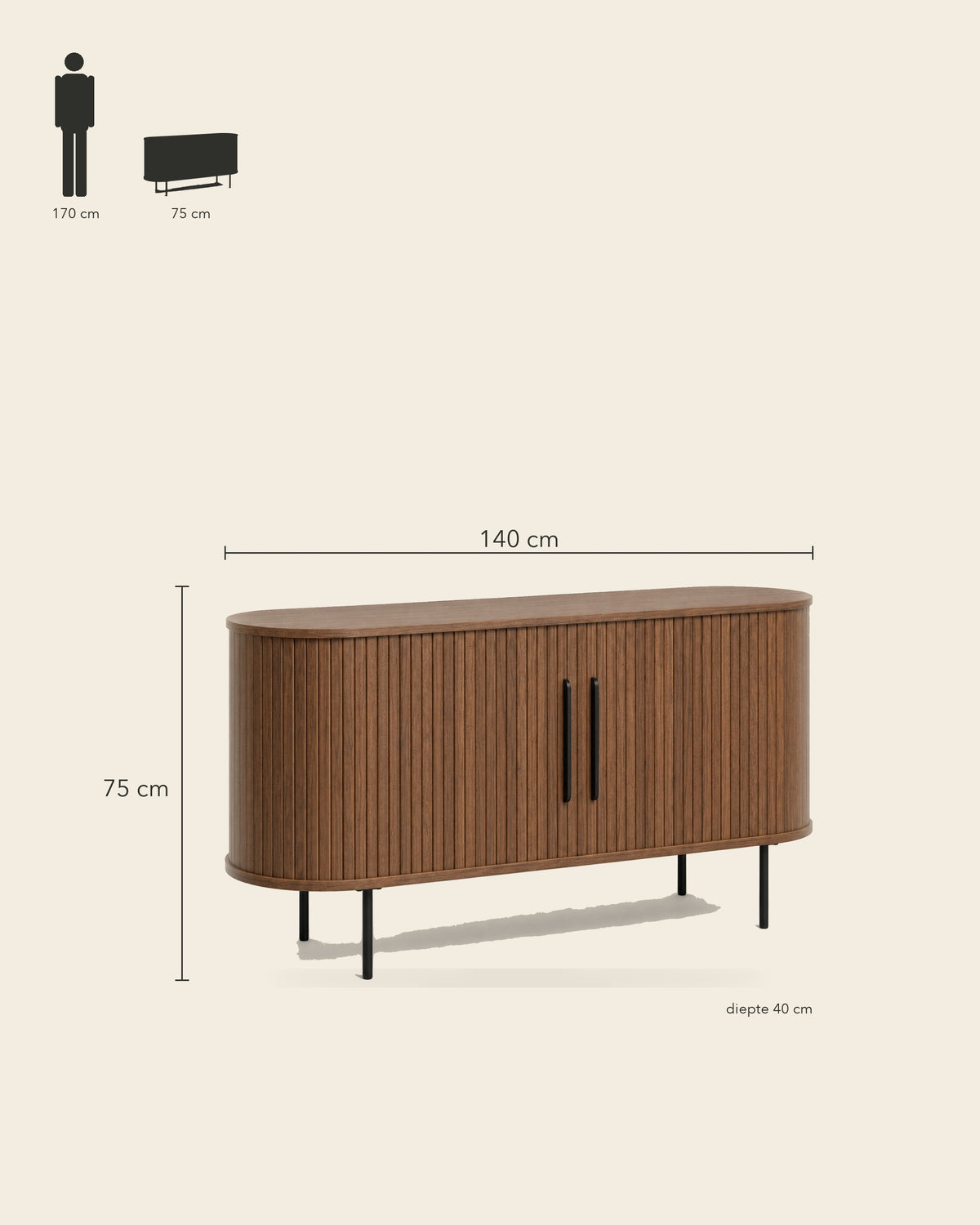 Luncera El dressoir afgerond walnoot, maatvoering 140 × 40 × 75 cm