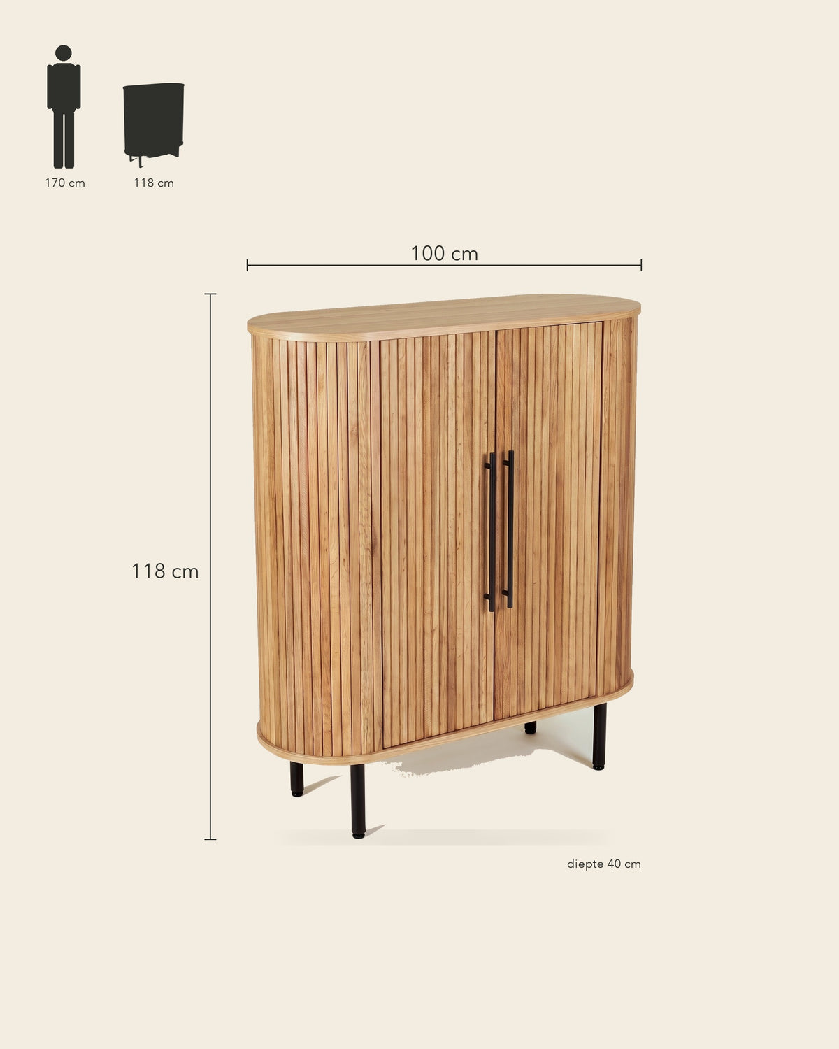 Luncera kast 2-deurs 118 cm in licht eiken, maatvoering 100 × 40 × 118 cm