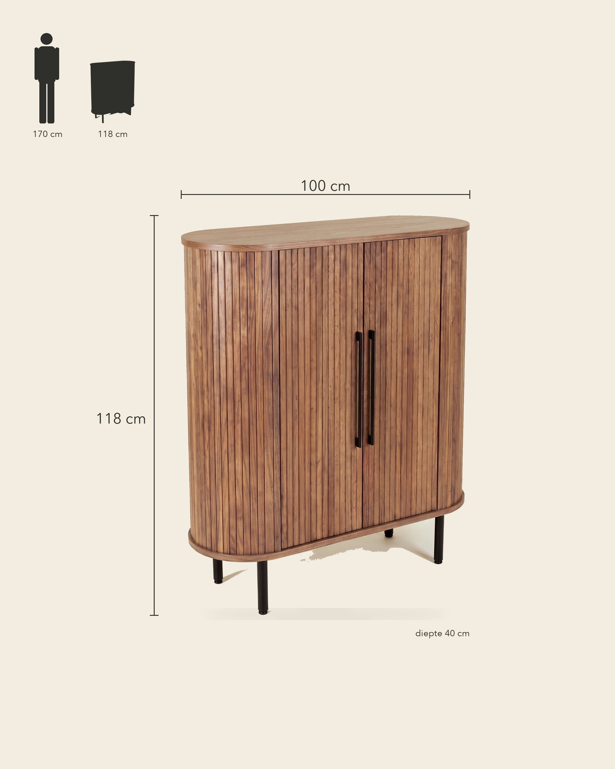 Luncera kast 2-deurs 118 cm in walnoot, maatvoering 100 × 40 × 118 cm