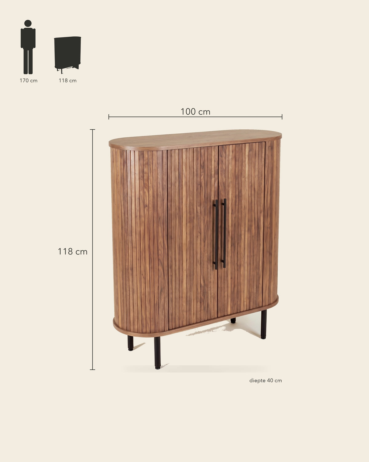 Luncera kast 2-deurs 118 cm in walnoot, maatvoering 100 × 40 × 118 cm