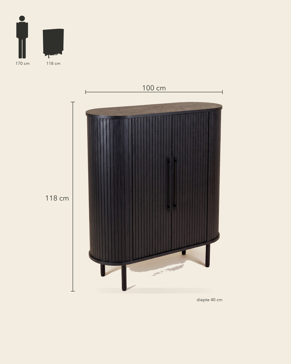 Luncera kast 2-deurs 118 cm in zwart, maatvoering 100 × 40 × 118 cm