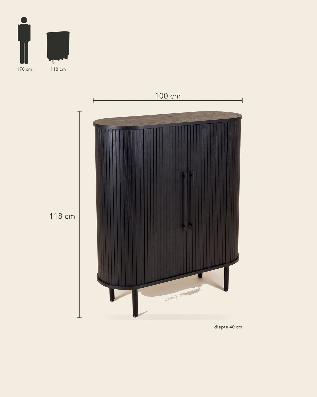 Luncera kast 2-deurs 118 cm in zwart, maatvoering 100 × 40 × 118 cm