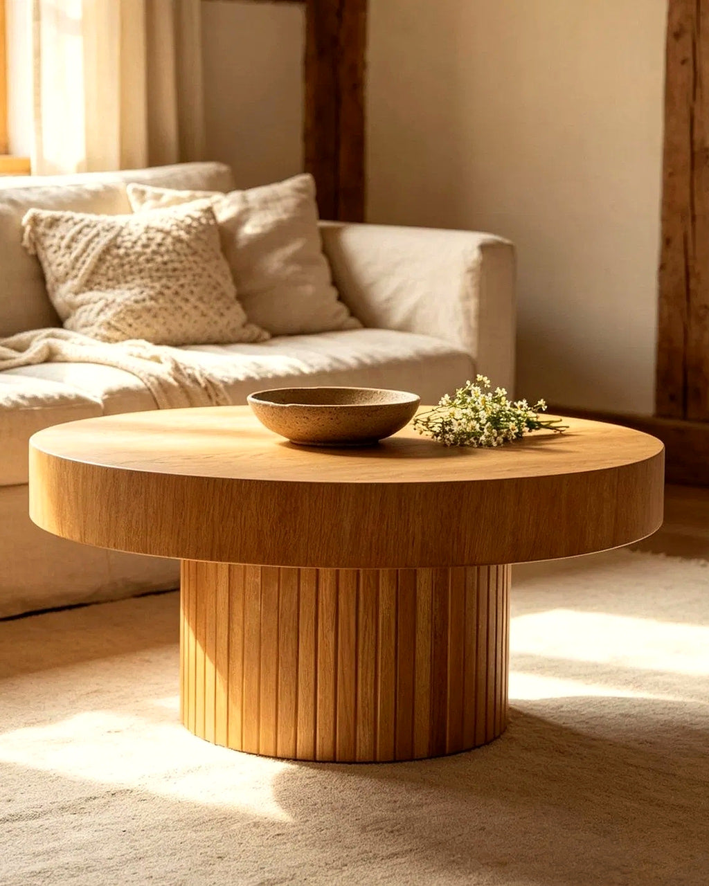 El ronde salontafel lamellen Ø90 – in de woonkamer – Licht eiken