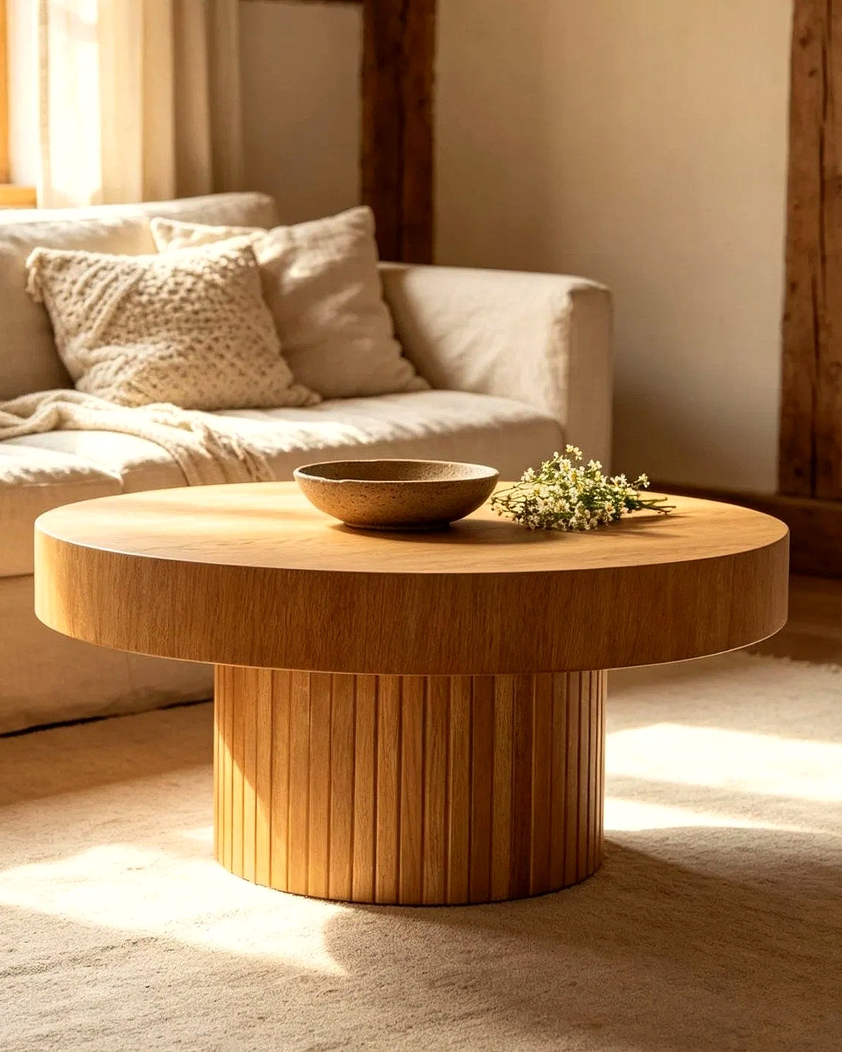 El ronde salontafel lamellen Ø90 – in de woonkamer – Licht eiken