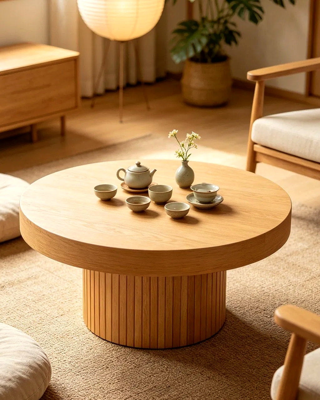 El ronde salontafel lamellen Ø90 – in het interieur – Licht eiken