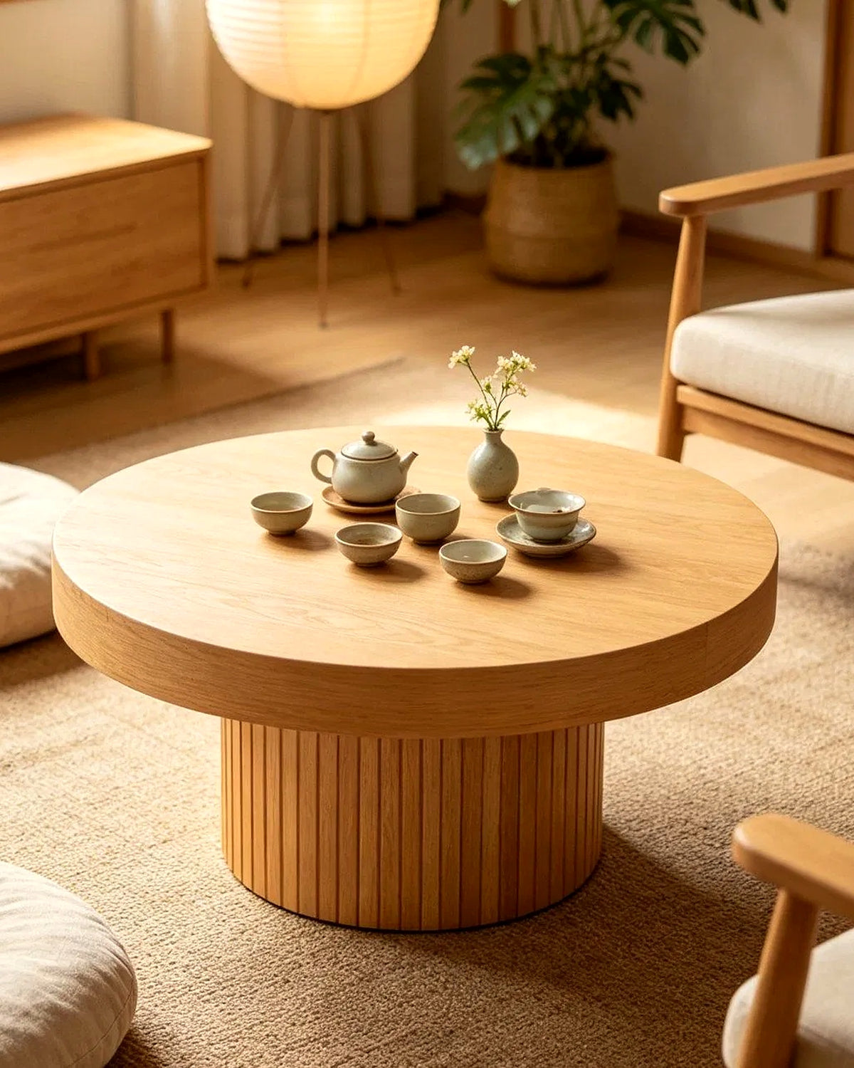 El ronde salontafel lamellen Ø90 – in het interieur – Licht eiken