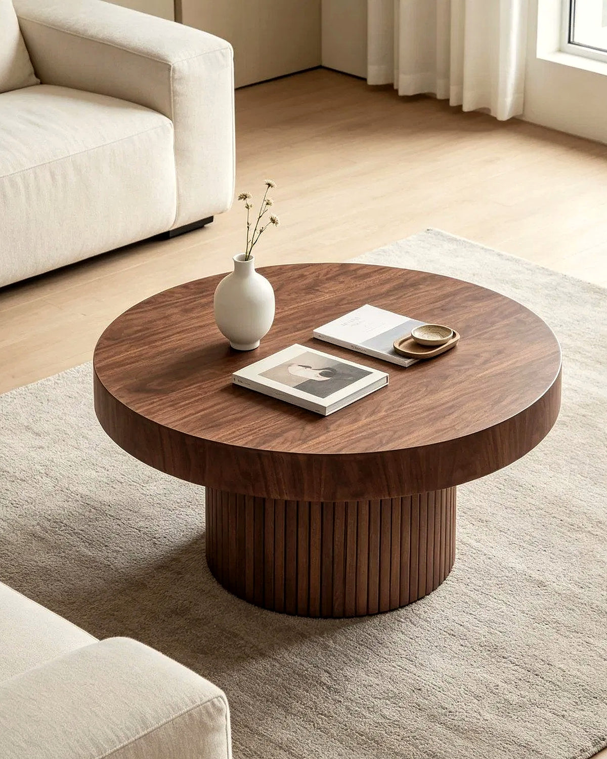 El ronde salontafel lamellen Ø90 – in het interieur – Walnoot