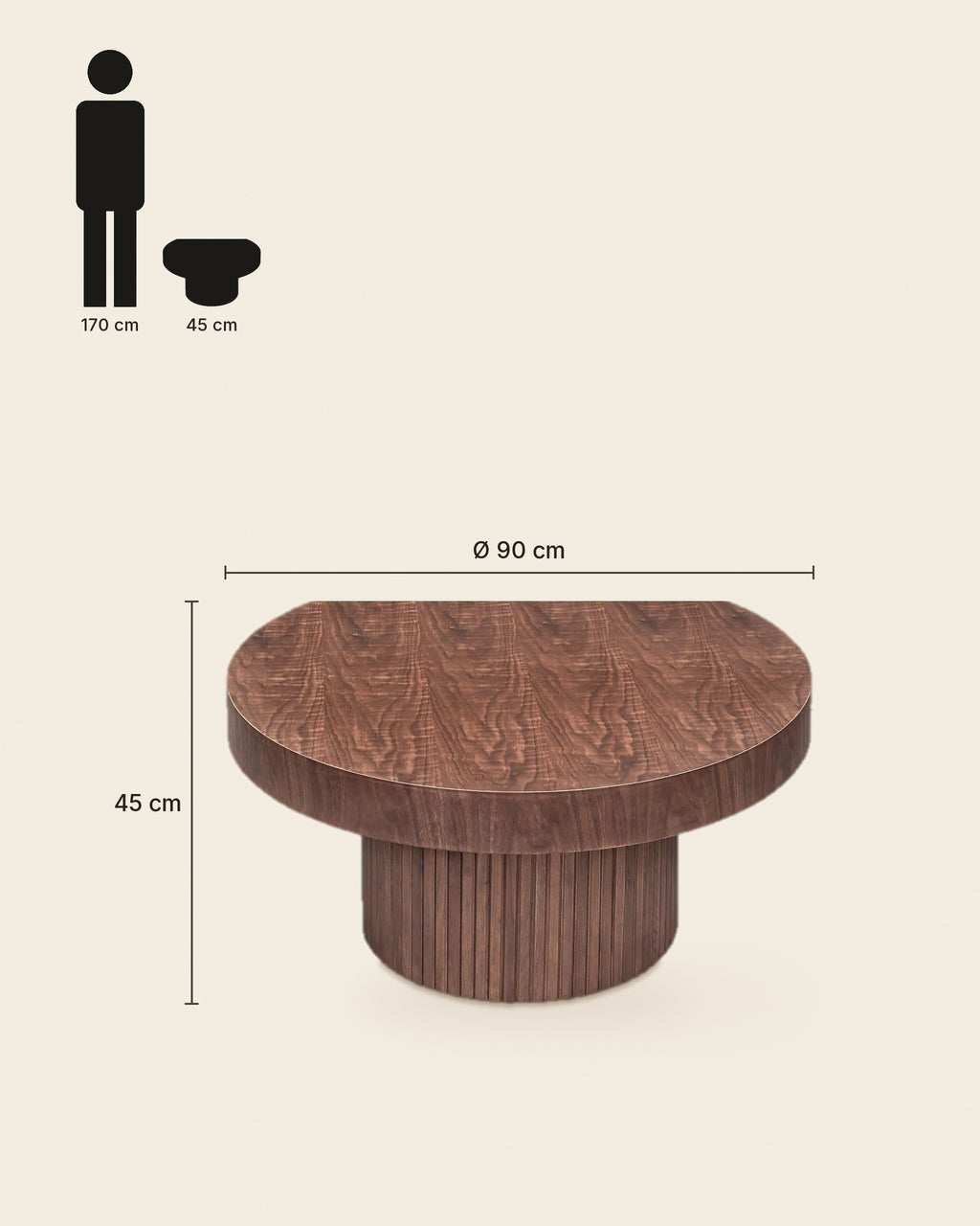 El ronde salontafel lamellen Ø90 – maten – Walnoot