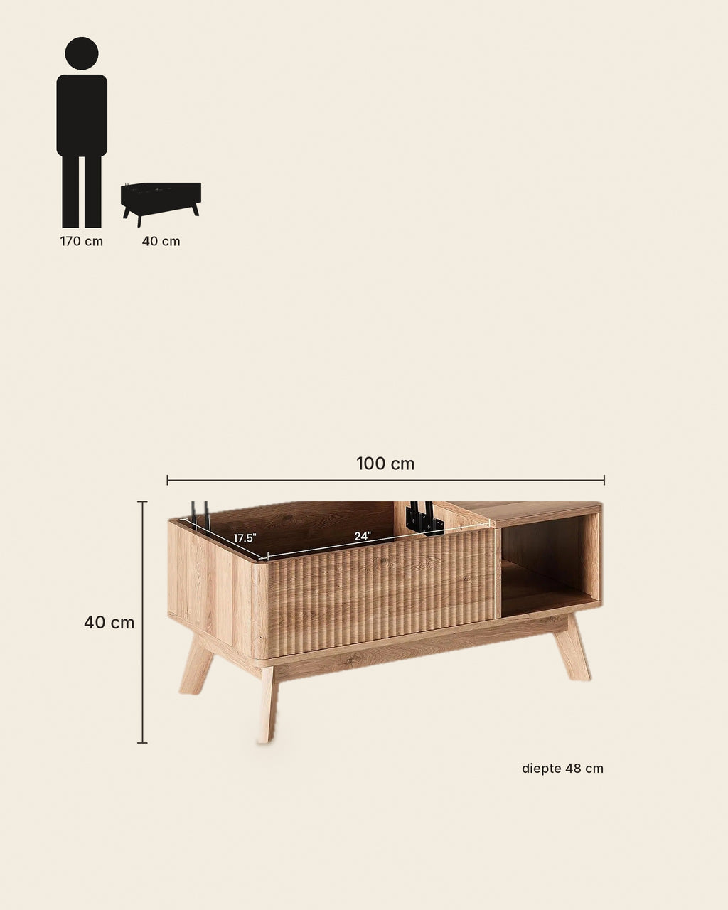 El lift-top salontafel lamellen eiken – maten – Licht eiken