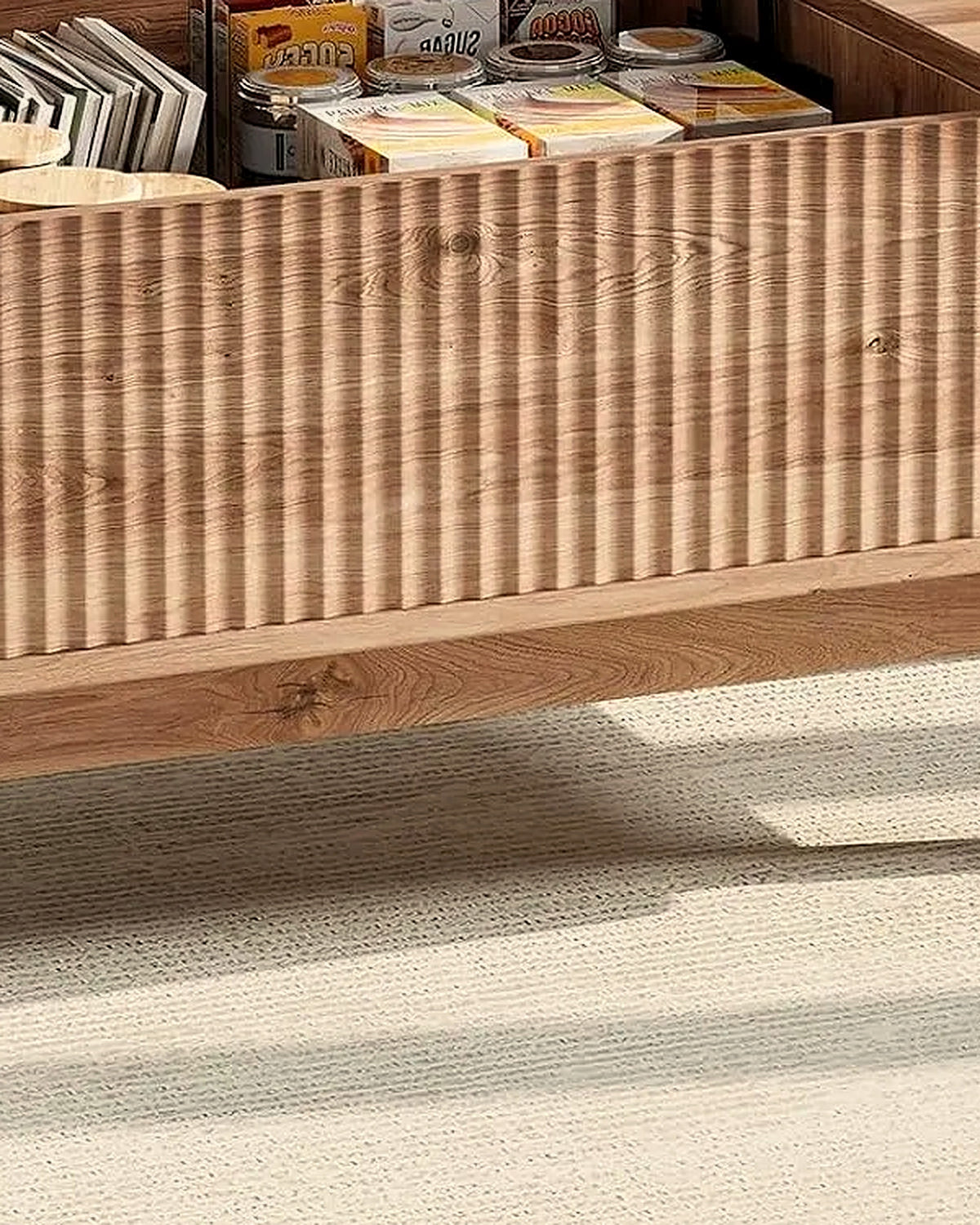 El lift-top salontafel lamellen eiken – close-up van het materiaal – Licht eiken