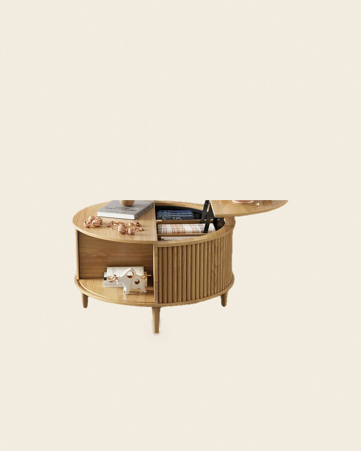 El ronde lift-top salontafel eiken – vooraanzicht – Licht eiken