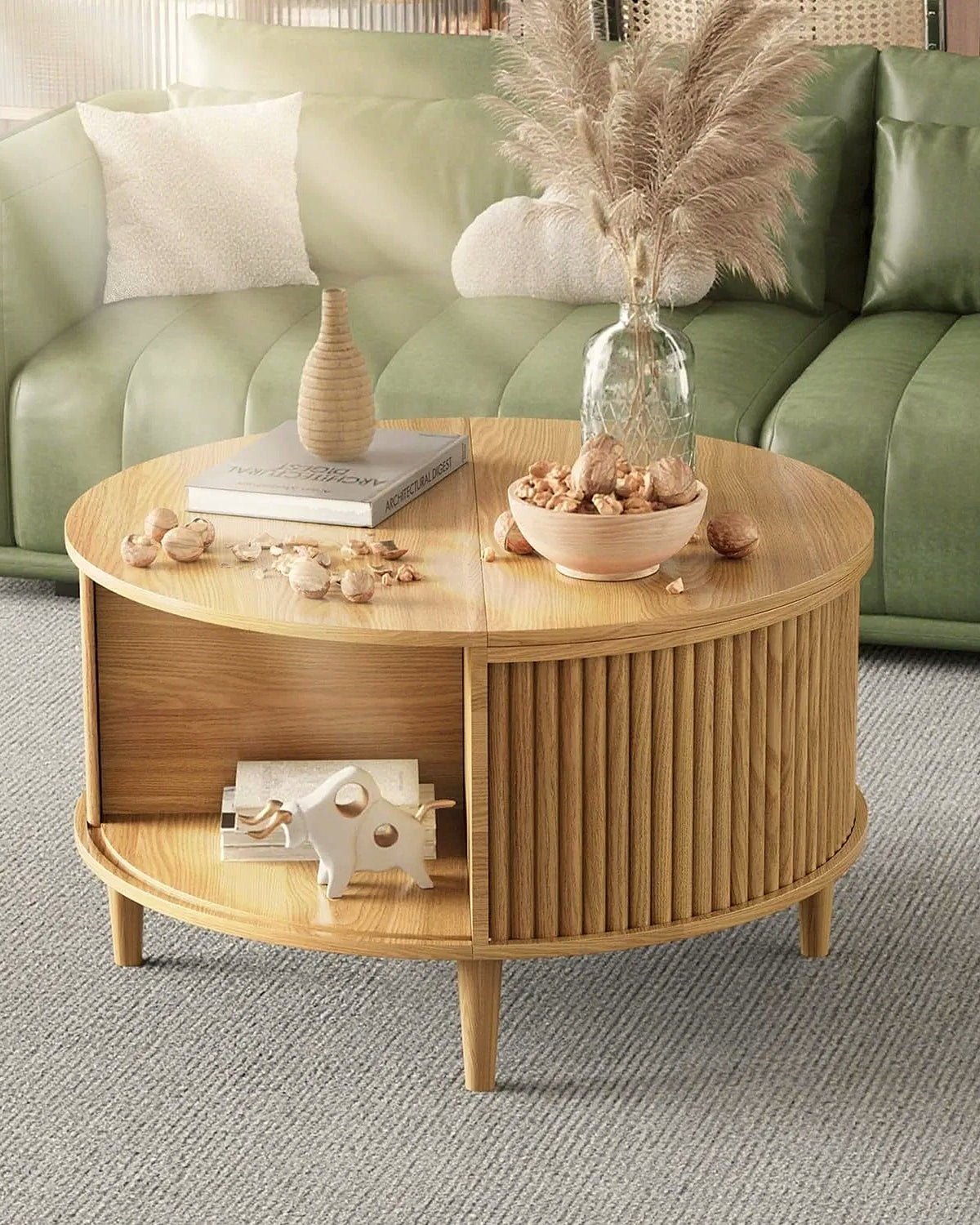 El ronde lift-top salontafel eiken – in het interieur – Licht eiken