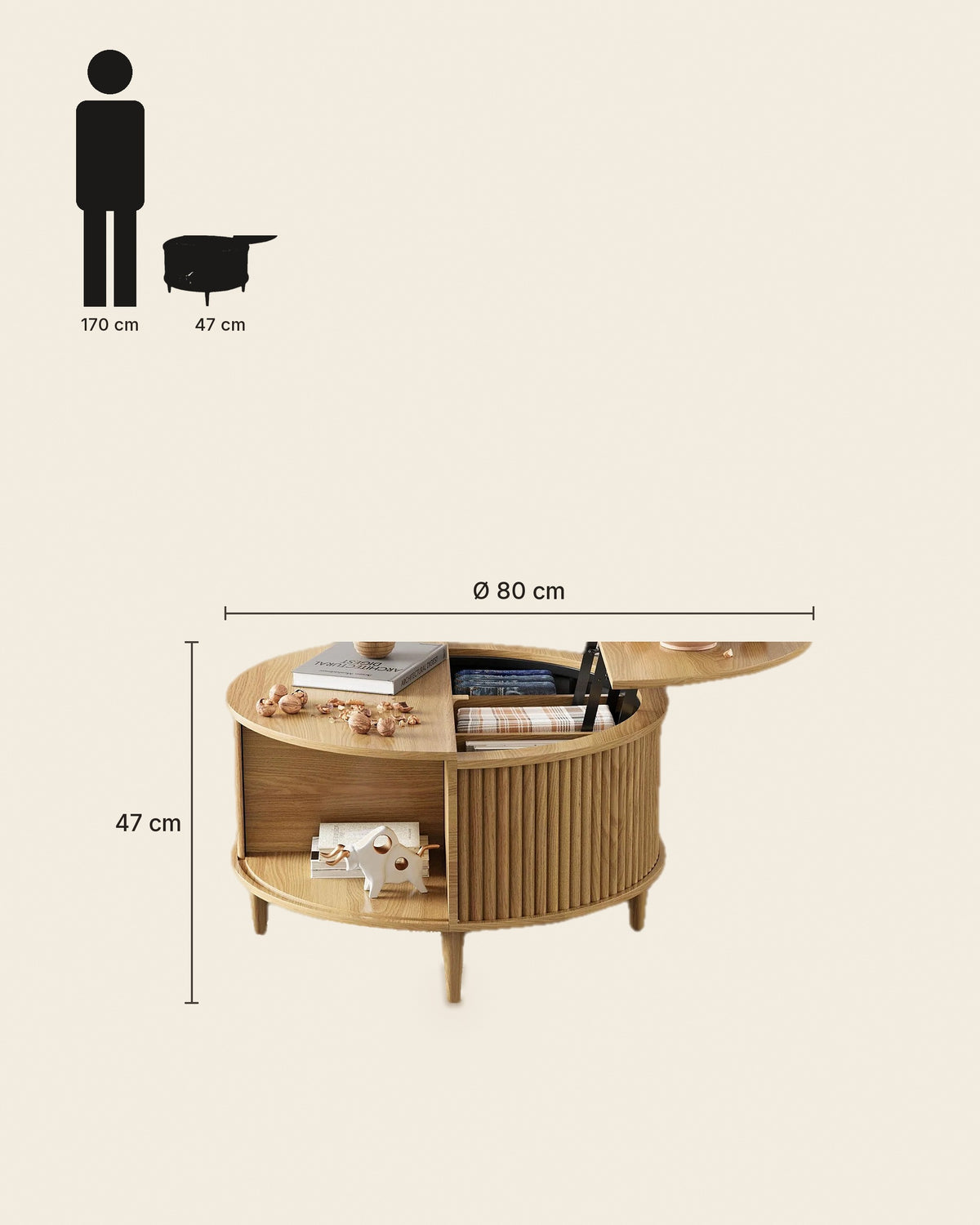 El ronde lift-top salontafel eiken – maten – Licht eiken
