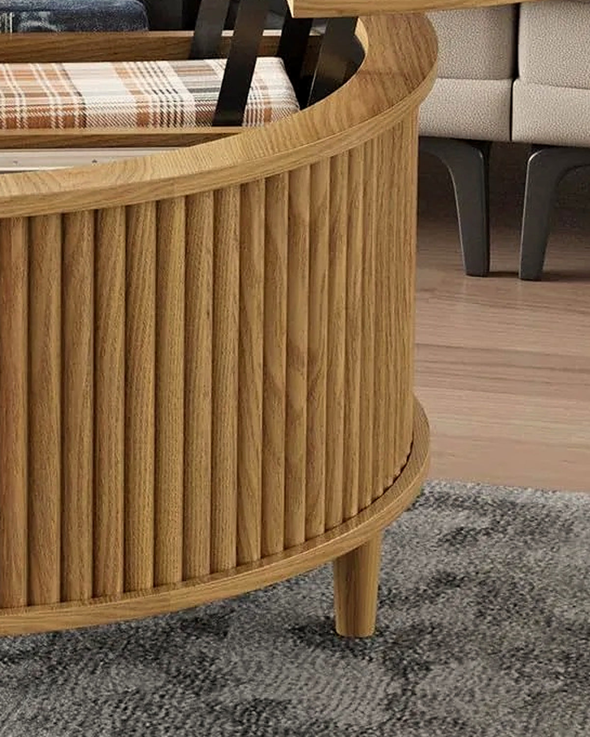El ronde lift-top salontafel eiken – close-up van het materiaal – Licht eiken