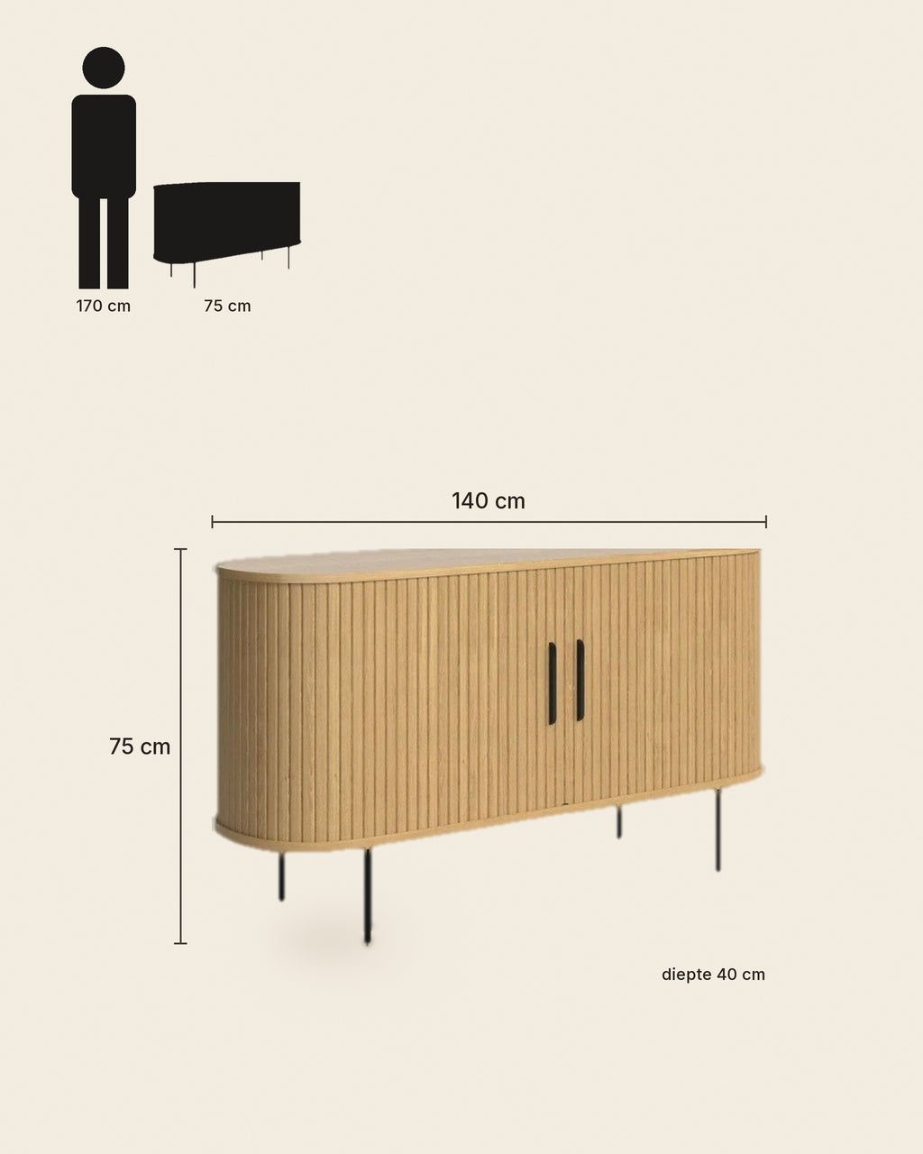 El dressoir lamellen afgerond licht eiken – maten – Licht eiken