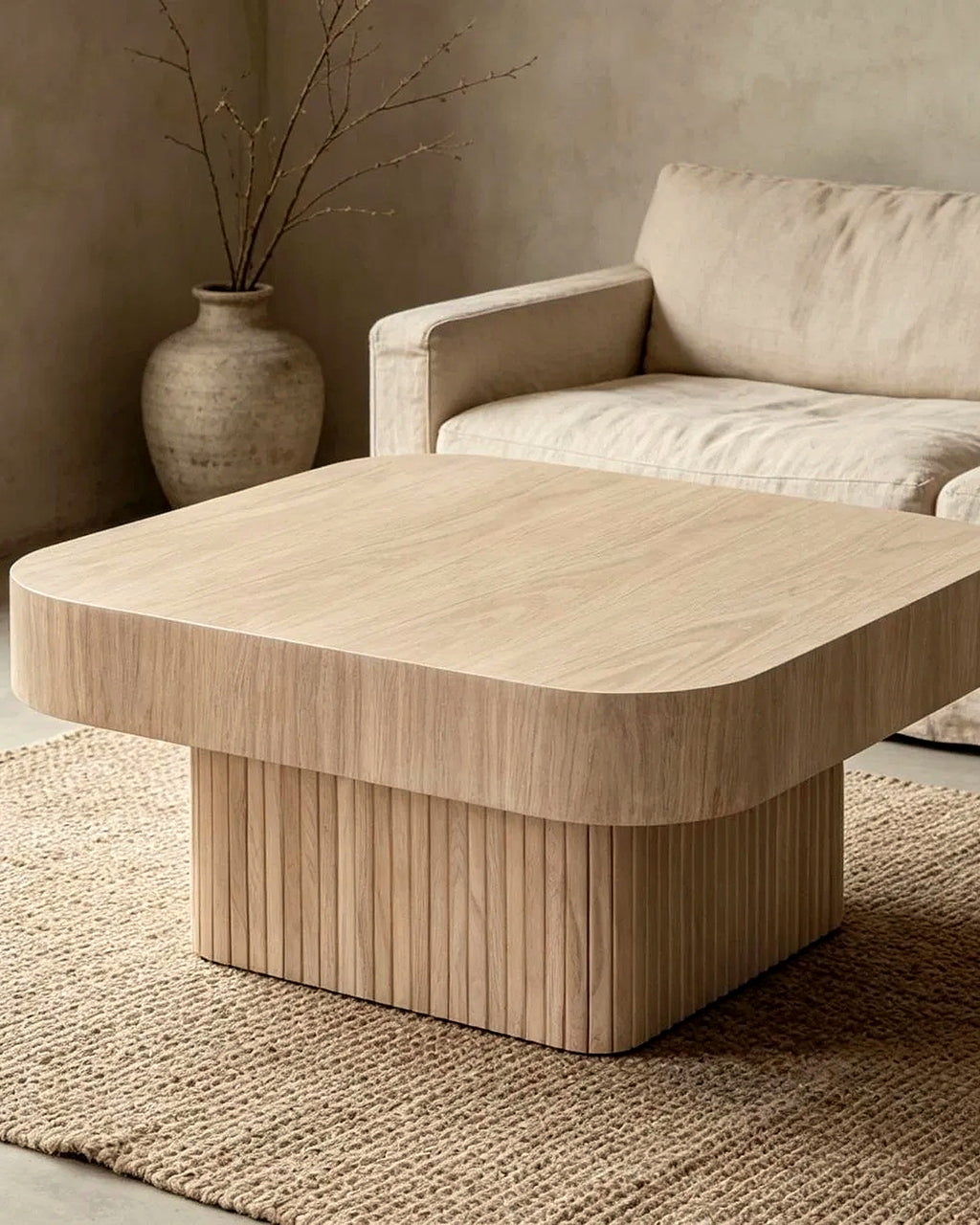 El vierkante salontafel lamellen eiken – in het interieur – Licht eiken