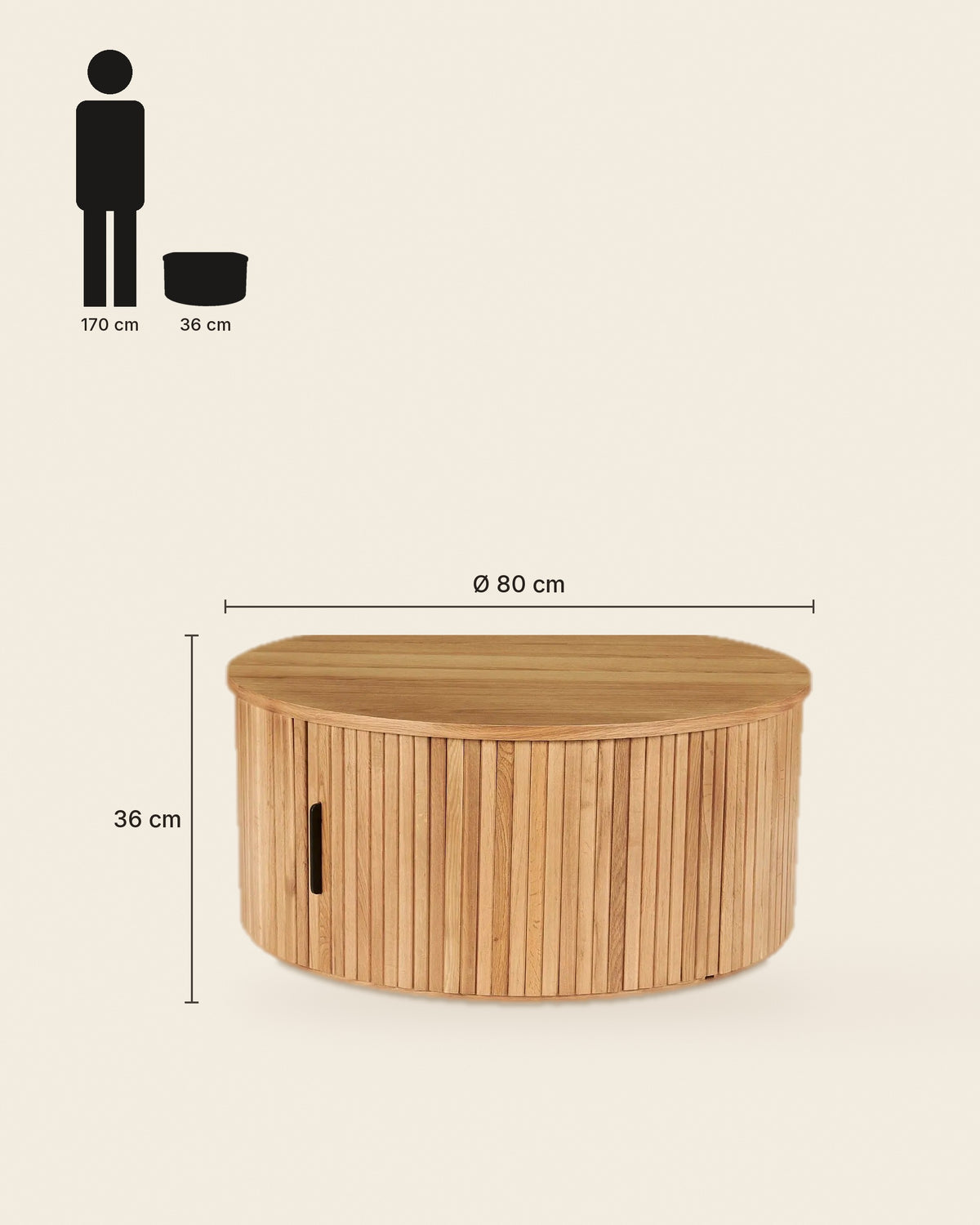 El ronde salontafel met deur lamellen – maten – Licht eiken