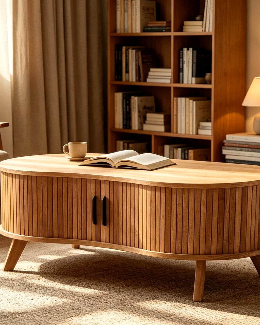 El ovale salontafel lamellen op pootjes – in het interieur – Licht eiken