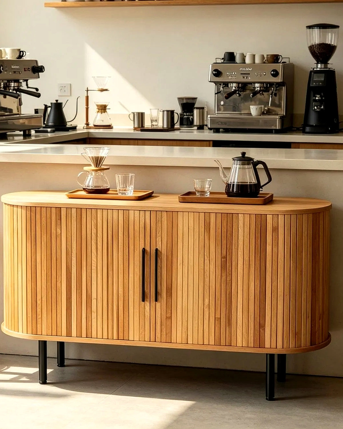 El dressoir lamellen ovaal – in het interieur – Licht eiken