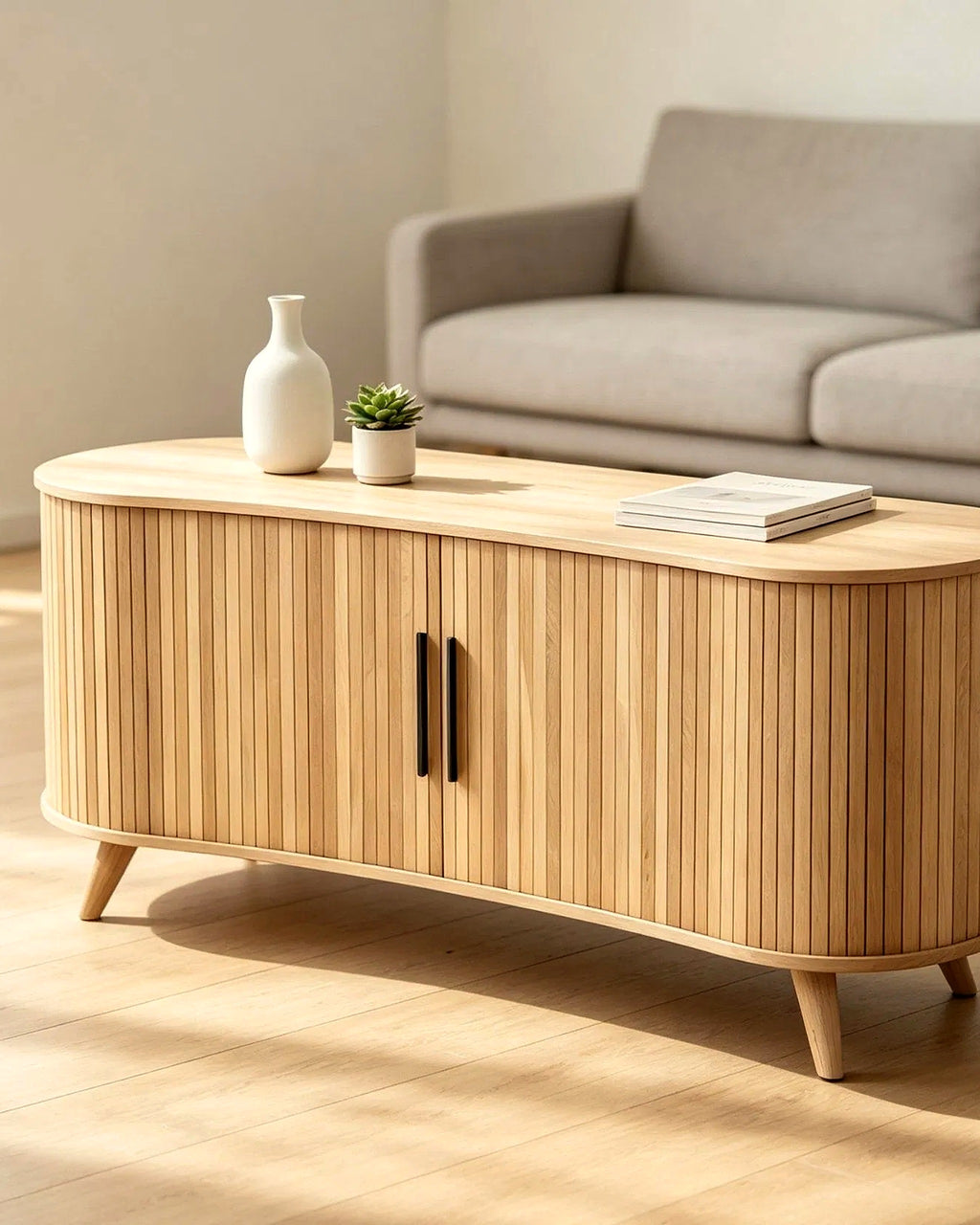 El dressoir lamellen ovaal op houten poten – in het interieur – Licht eiken