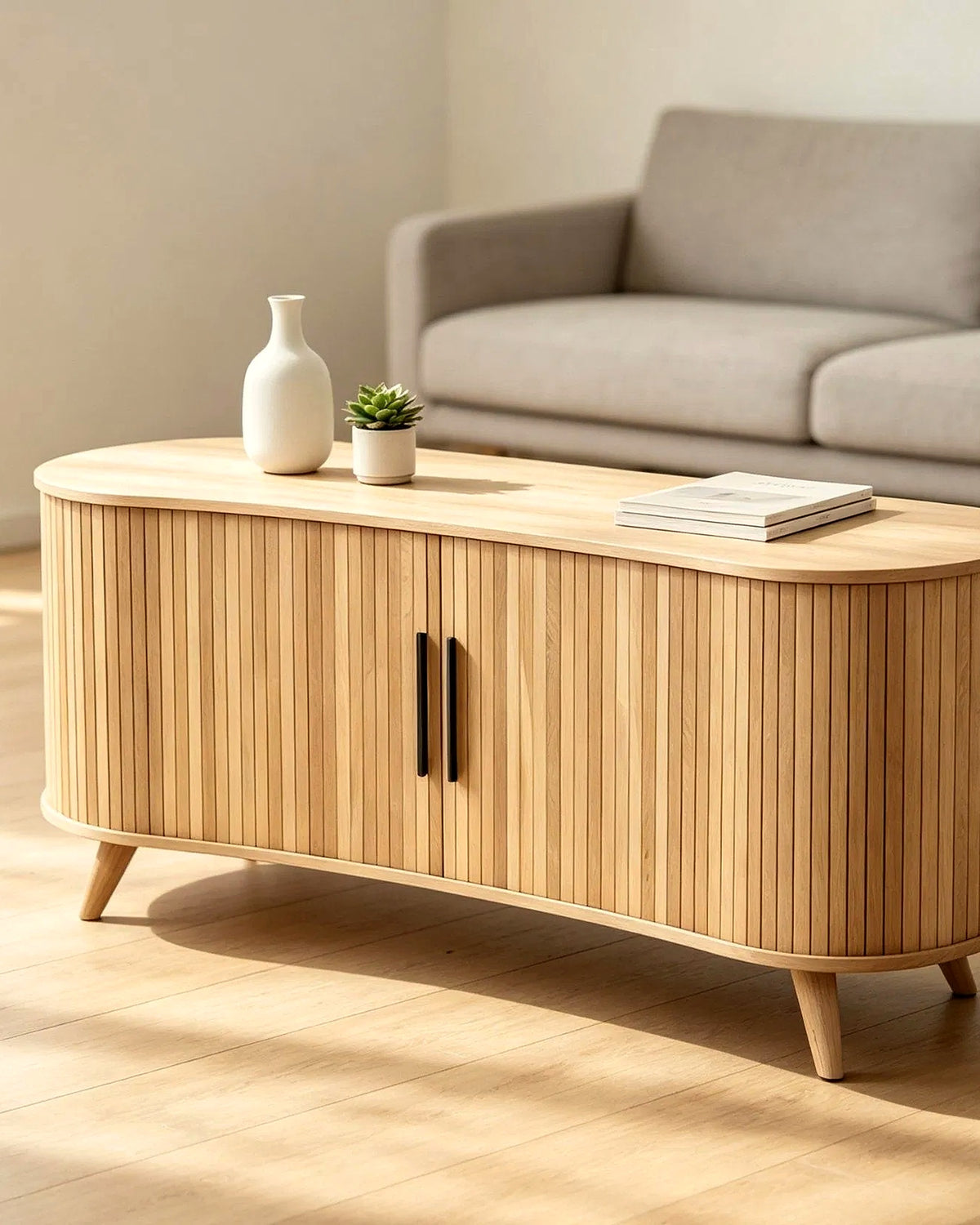 El dressoir lamellen ovaal op houten poten – in het interieur – Licht eiken