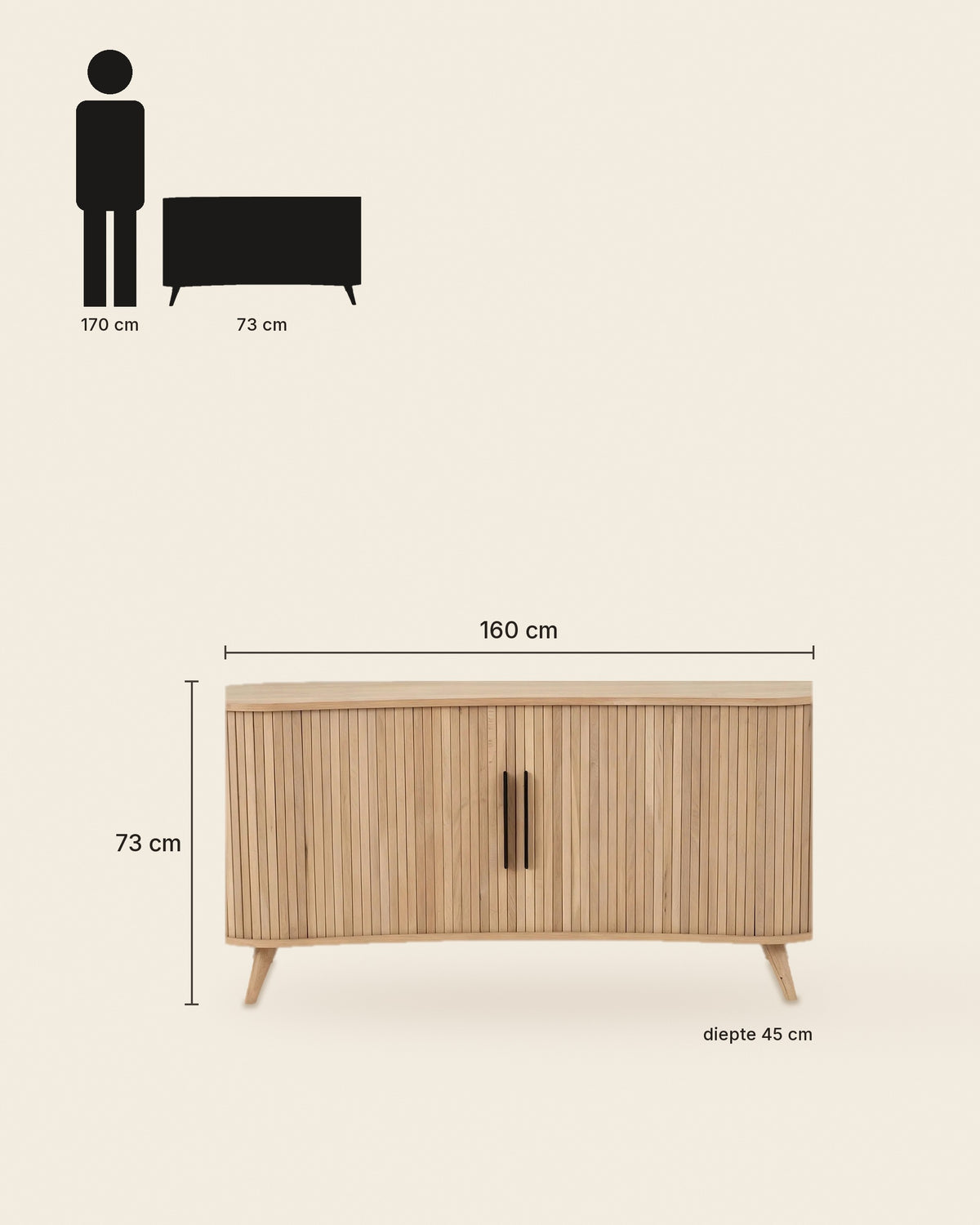 El dressoir lamellen ovaal op houten poten – maten – Licht eiken