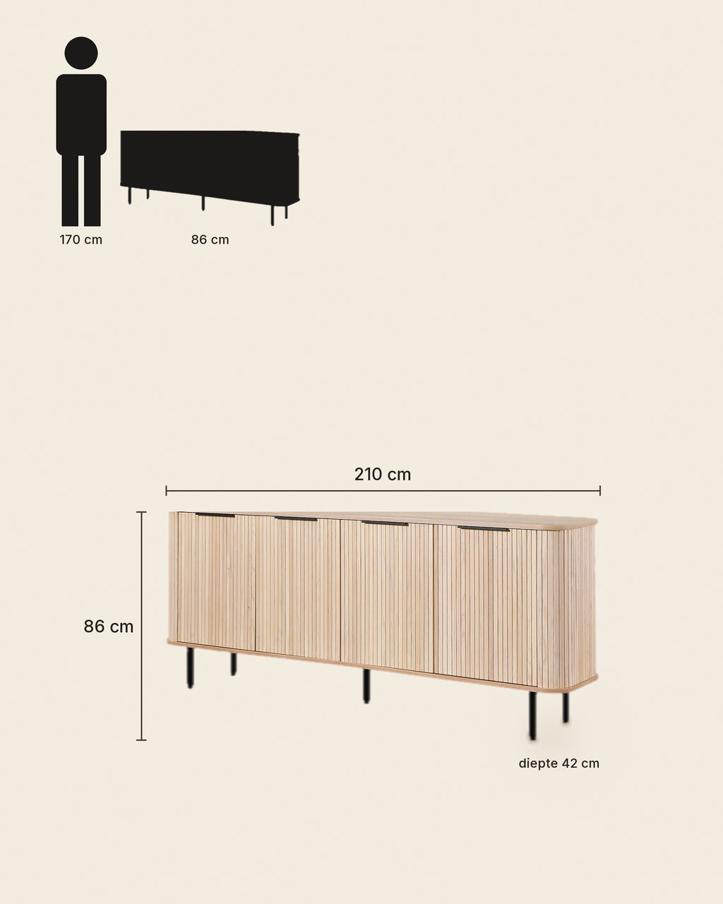 El lang dressoir lamellen 210 cm – maten – Licht eiken