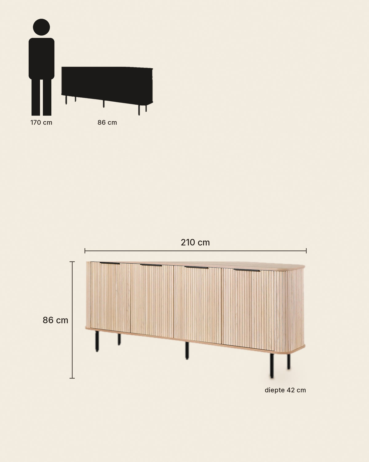 El lang dressoir lamellen 210 cm – maten – Licht eiken