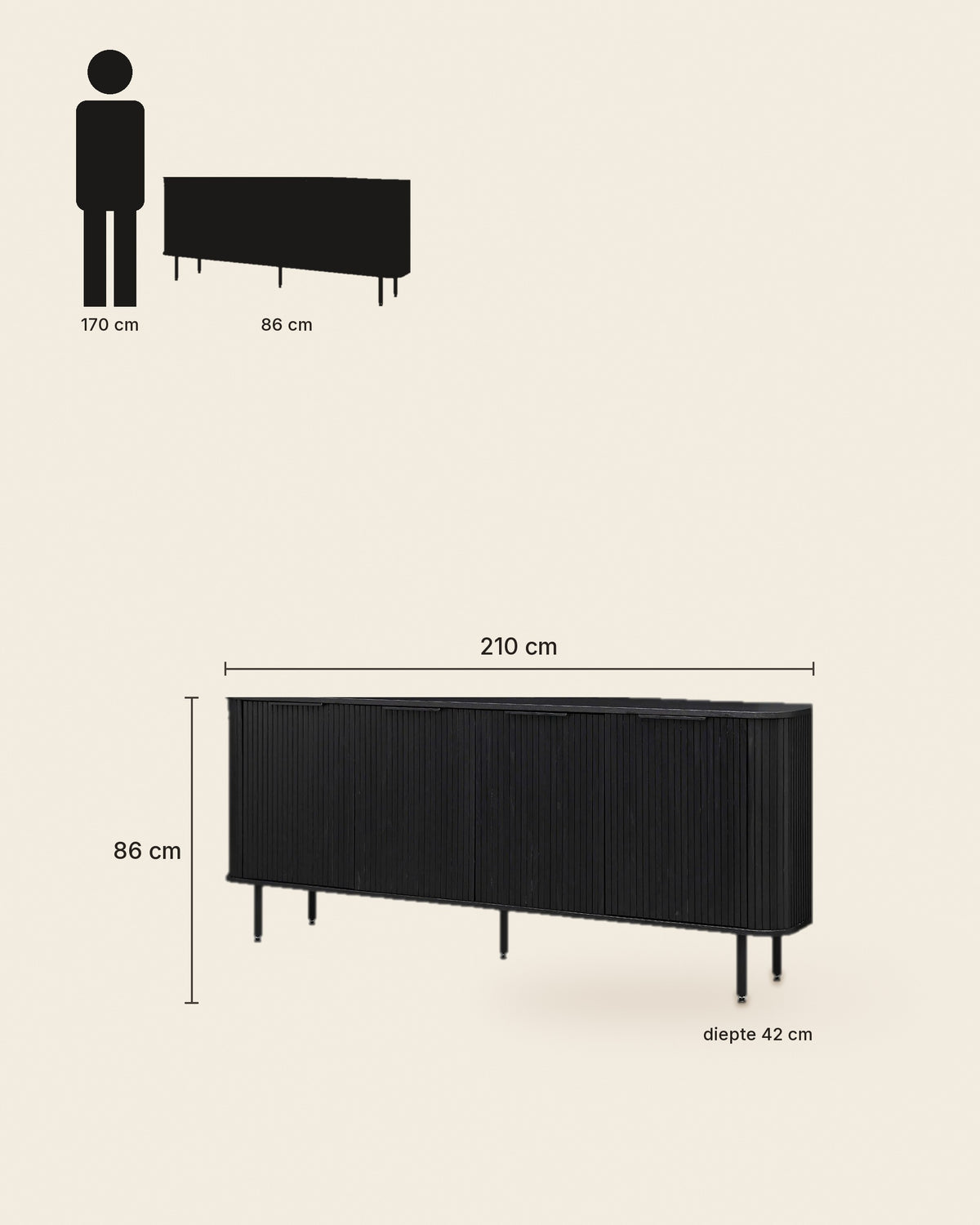 El lang dressoir lamellen 210 cm – maten – Zwart