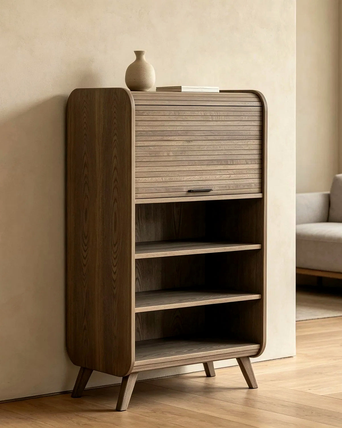 Mud boekenkast met roldeur – in het interieur – Naturel