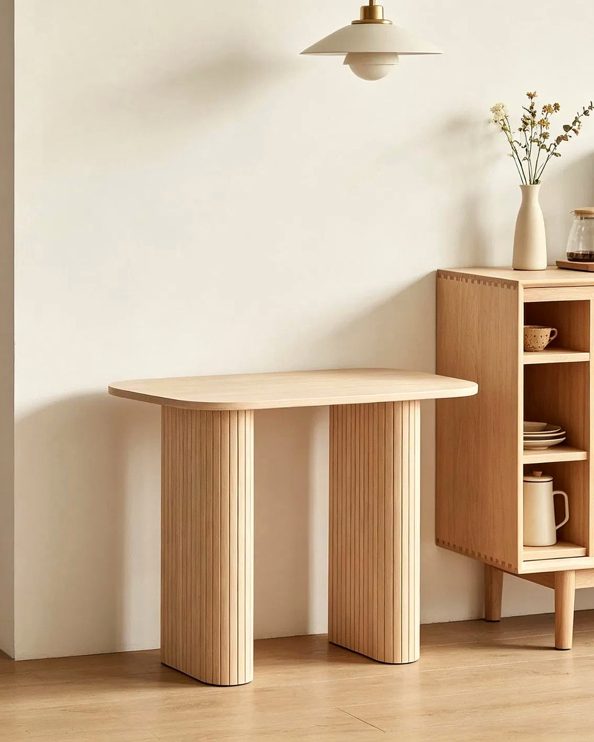 Voet consoletafel lamellenpoten eiken – in de woonkamer – Licht eiken