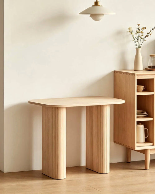 Voet consoletafel lamellenpoten eiken – in de woonkamer – Licht eiken