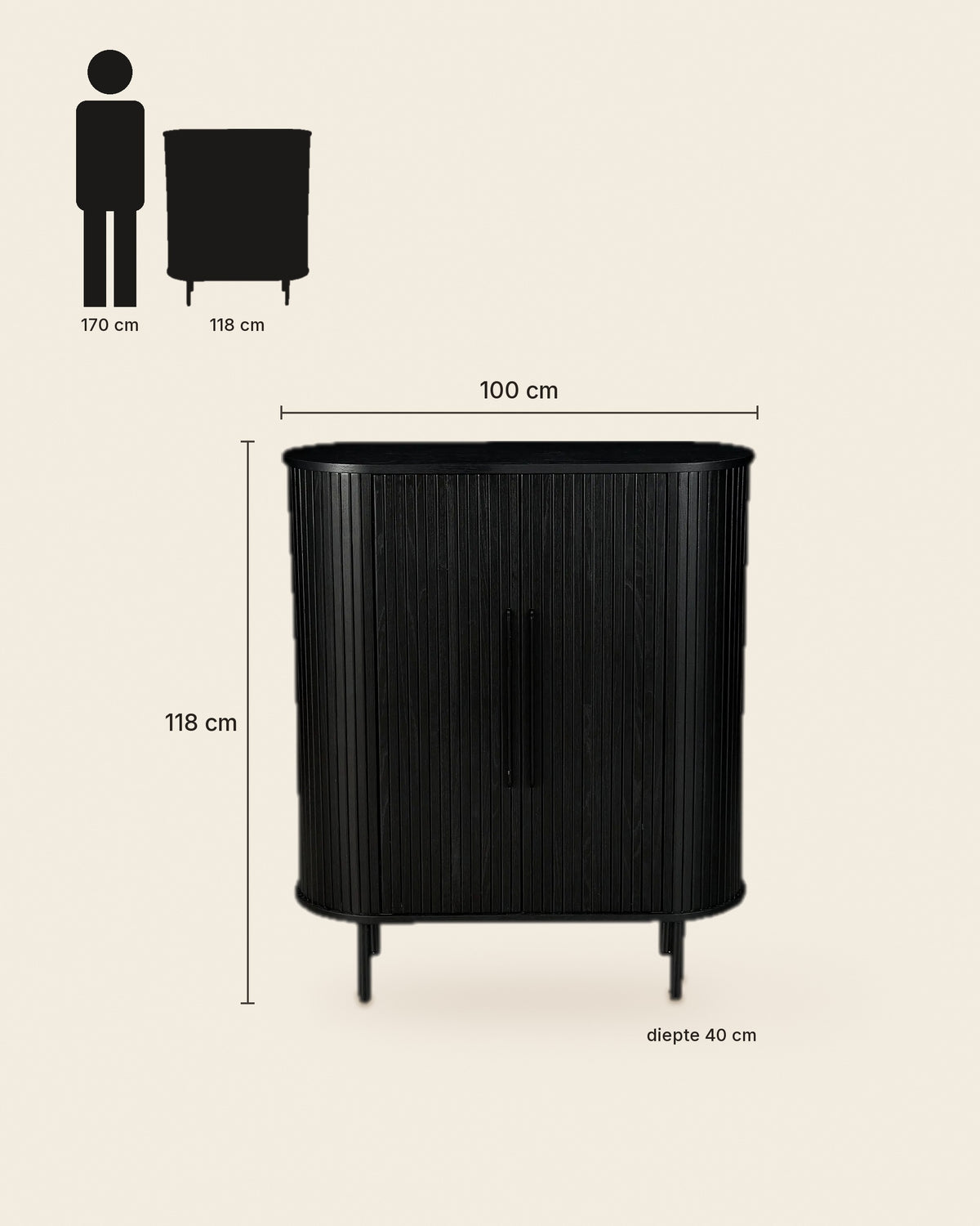 Mud hoge kast lamellen afgerond – maten – Zwart