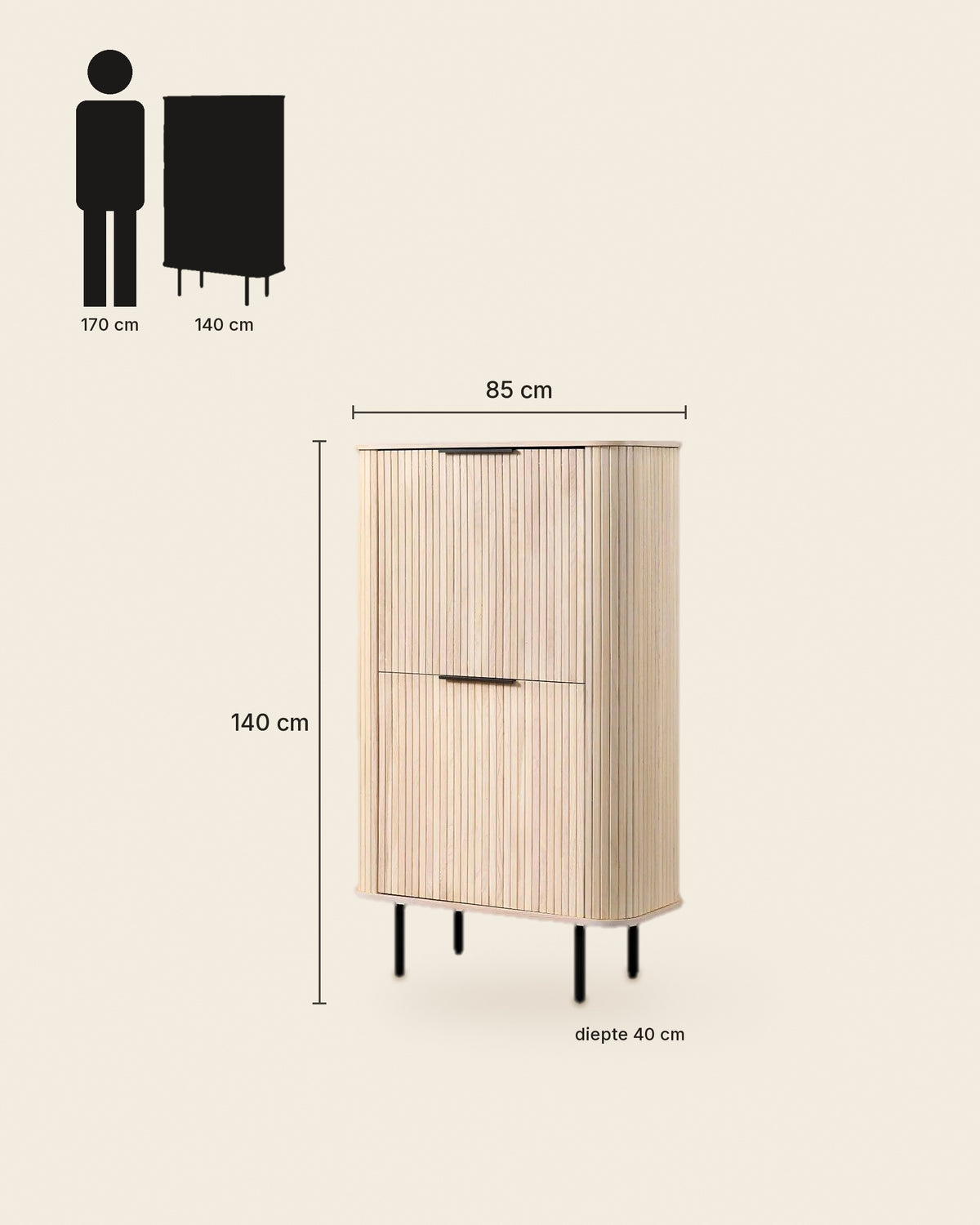 Mud hoge kast lamellen 140 cm – maten – Licht eiken