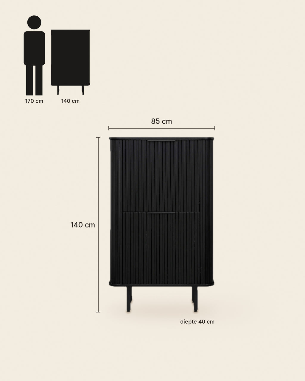 Mud hoge kast lamellen 140 cm – maten – Zwart